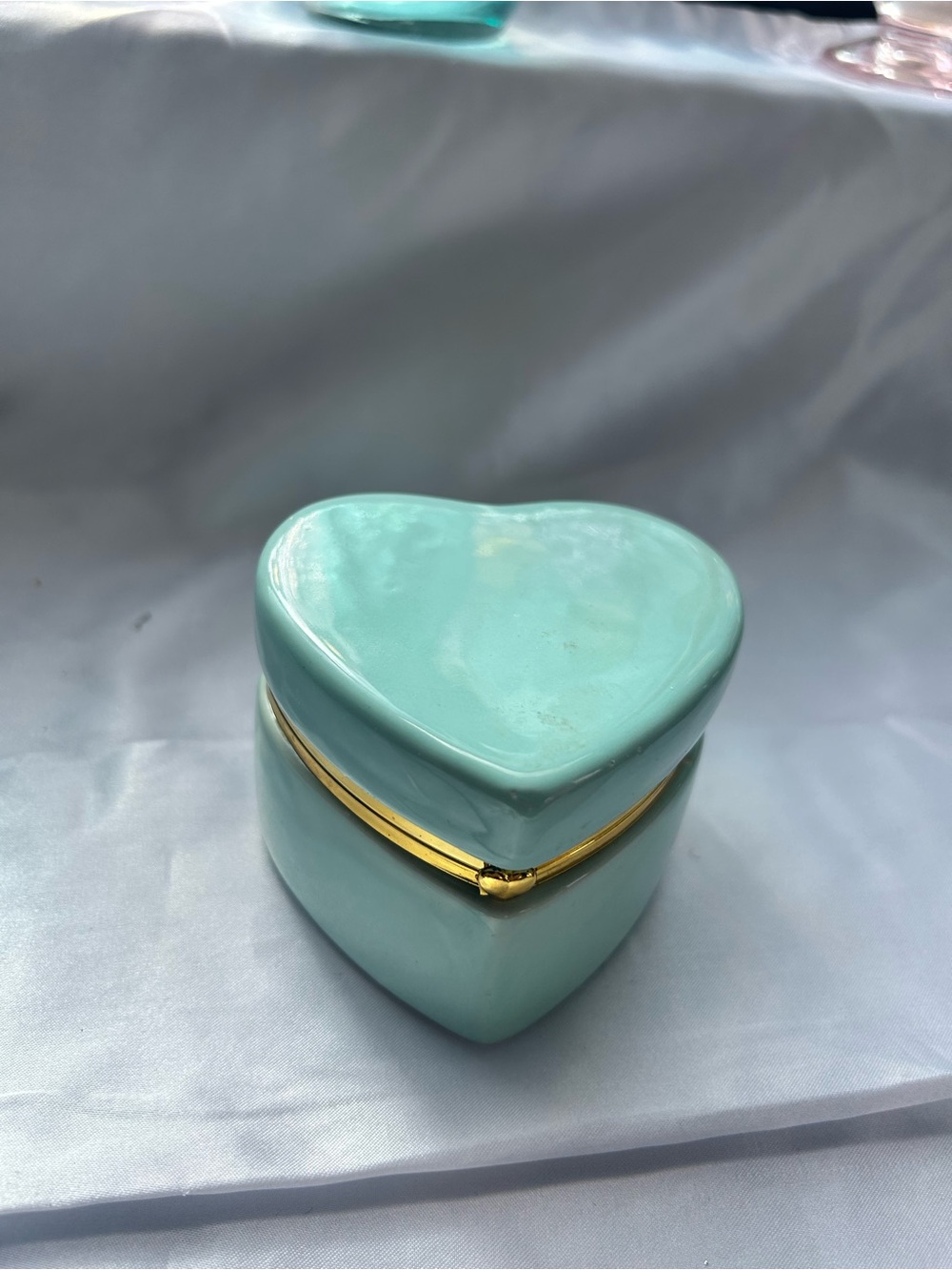 Heart-Shaped Ceramic Jewelry Box in Aqua with Gold Trim